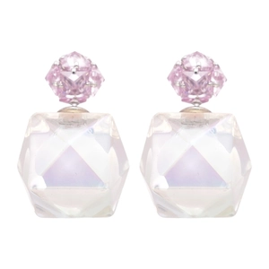 Elegant silver earrings featuring faceted pink and iridescent crystal cubes on white background