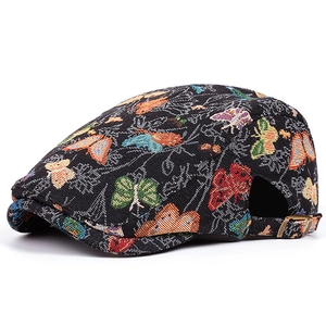 Béret rétro avec broderies de papillons colorés et boucle en métal réglable chic