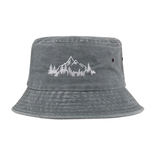Outdoor mountain embroidery bucket hat in washed grey cotton with breathable eyelets