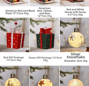 Detailed sizes and weights of glowing Christmas wooden house and plaid ornaments