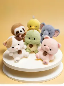 Set of six cute plush animal dolls including elephant and panda on display stands