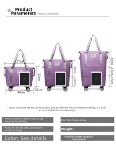 Size guide for expandable purple oxford travel bag with dimensions and height levels