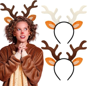 Detail of brown and off-white reindeer antler headbands with cute orange ear accents
