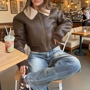 Brown PU leather jacket with faux shearling collar for women, autumn windproof style