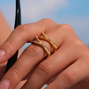 Modern geometric gold-plated ring featuring double-layer rectangle design and pavé zircons