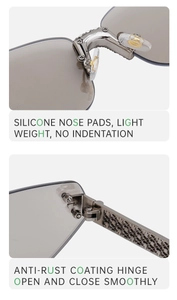 Détails des plaquettes en silicone et charnières métalliques de lunettes sans monture
