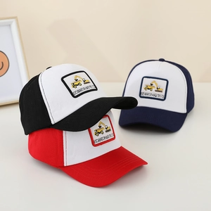 Detailed close-up of three kids baseball caps with excavator embroidery for boys age 2-5