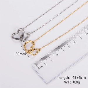 Interlocking heart necklace in silver and gold colors with 30mm pendant and measurements