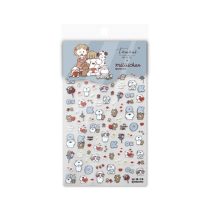 Cartoon dog and bear embossed nail art stickers with plaid patterns and text, model MC-18