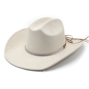 Western Cowboy Hat Suede Wide Brim Vintage Fedora With Rhinestone Band Adjustable Wind Rope For Men Women