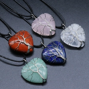 Set of five colorful heart gemstone necklaces with silver wire tree of life design