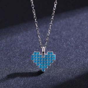 S925 silver pixel heart necklace with turquoise stone inlay and delicate chain