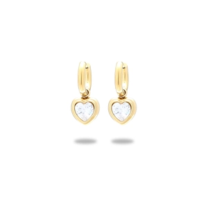 Close-up of heart-shaped gold earrings with sparkling white cubic zirconia stones