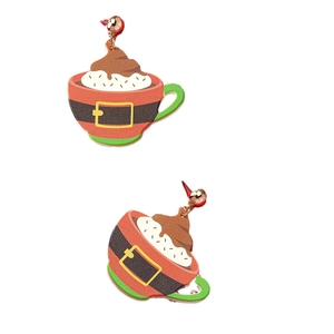 Christmas hot cocoa cup earrings with Santa belt design and red green festive colors