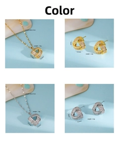 Detailed view of geometric triangle knot jewelry set with sparkling cubic zirconia inlay