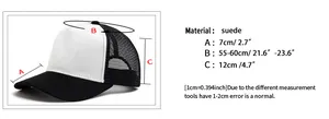 Größentabelle für Wildleder-Baseballkappe mit Maßen für Schirm, Höhe und Kopfumfang