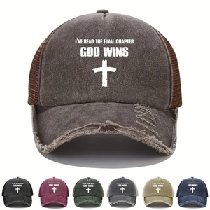Distressed Washed Cotton Baseball Trucker Hat With Mesh Back Religious Cross God Wins Print Adjustable Sun Cap