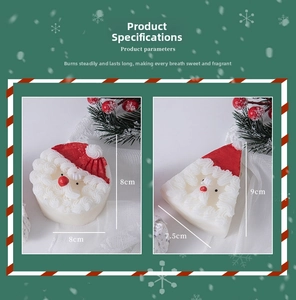 Detail view of Santa Claus scented candles with precise dimensions of 8cm and 9cm
