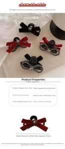 Detailed view of velvet bow hair claw clip with rhinestones and dimension specifications