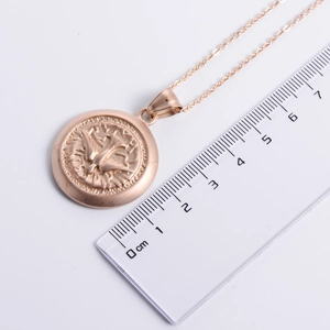Rose gold stainless steel necklace with round peace dove pendant and scale measurement