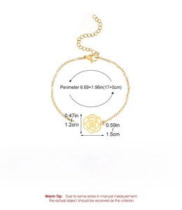 Detail specifications for the golden flower charm alloy bracelet with size and weight info