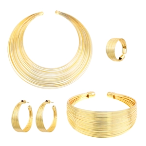 African punk style gold jewelry set with multi-layer necklace, bracelet, earrings and ring