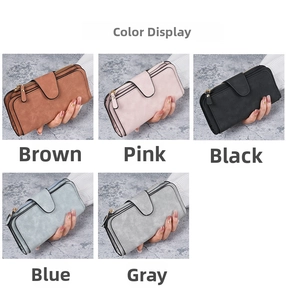 Detailed grid view of stylish long wallets in brown pink black blue and gray colors