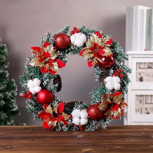 Couronne De Noël Artificielle Avec Aiguilles De Pin En PVC Poinsettia Pommes De Pin Boules De Coton Décoration De Fête
