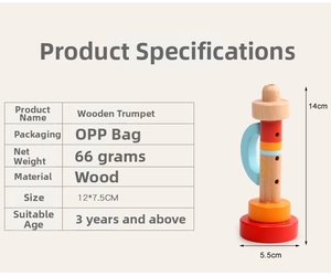 Detailed technical view of a colorful wooden trumpet toy for toddlers with size dimensions