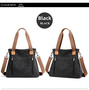 Detail view showing black canvas bag with two vertical zippers and adjustable straps