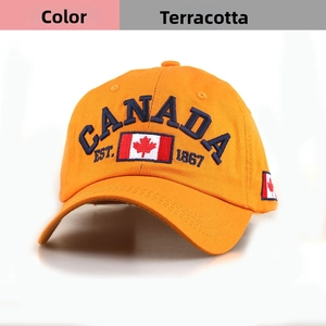 Close-up of mustard yellow cotton baseball cap with Canada maple leaf embroidery detail