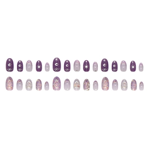 Star and moon themed press-on nails in purple gradient with sparkling glitter accents
