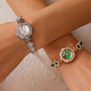 Luxe crystal-encrusted round watch bracelet in silver and rose gold finishes