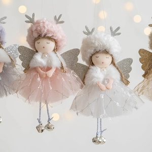 Plush Christmas angel doll ornaments with mesh skirts and silver antlers for tree decor