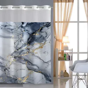 Detailed view of waterproof shower curtain with abstract grey and gold marble texture