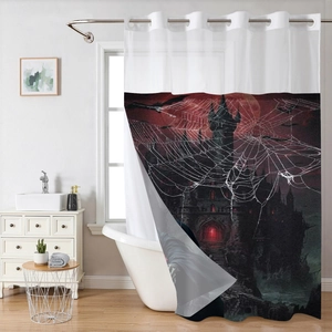 Waterproof Halloween shower curtain featuring Gothic castle and spider web patterns