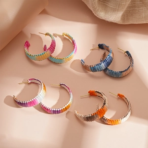 Bohemian Colored Braided Rope C Hoop Earrings With Silver Earring Post Hand Woven Ethnic Summer Vacation Jewelry For Women