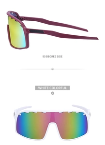 Macro view of white cycling sunglasses with colorful lens and ventilated side frame