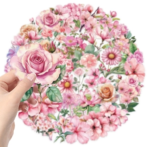 Detailed view of waterproof pink floral PET stickers for scrapbooking and decoration