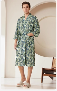Men's tropical palm leaf print bathrobe with waist tie and side pockets in a soft fabric
