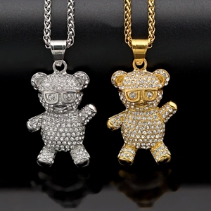 Hip Hop Teddy Bear Pendant Necklace 316 Stainless Steel Iced Out Rhinestone Wearing Glasses Gold Plated Jewelry Charm