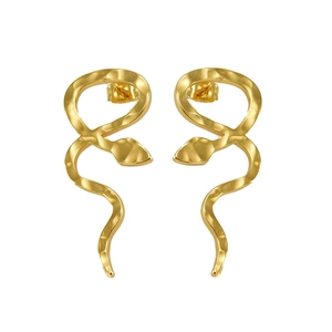 Gold stainless steel snake earrings with hammer-textured finish on a white background