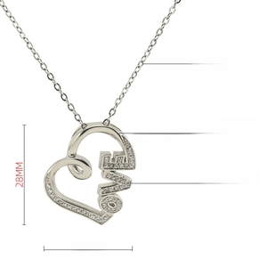 Detailed view of silver LOVE heart pendant in 316 stainless steel with CNC zircon inlay