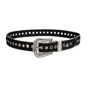 Sparkly rhinestone belt with silver star eyelets and black glitter finish on white background