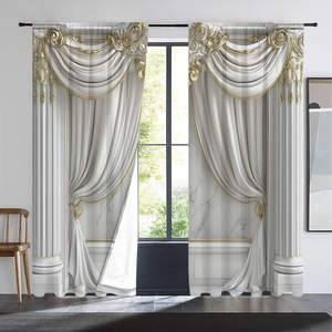 Detail of 3D curtains with European palace floral patterns and golden Roman columns