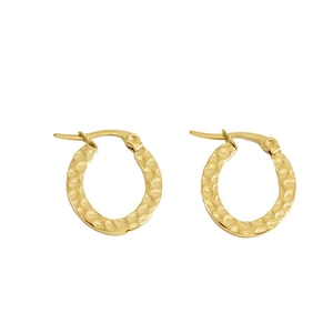 Detail view of golden oval earrings with hammered texture and secure snap closure