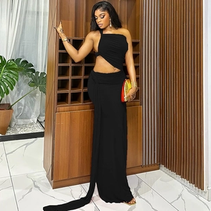 Detail of black one-shoulder maxi dress with cutout waist and ruched bodycon skirt