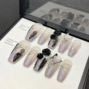 Handmade gradient purple press-on nails with 3D black roses and butterfly charms