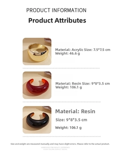 Detailed view of resin and acrylic bangles with precise dimensions and weight specs