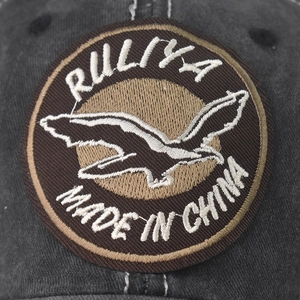 Vintage dark grey washed cotton baseball cap featuring wild goose embroidery patch
